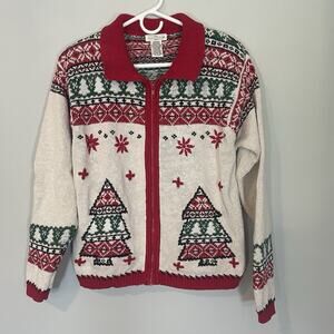 Yarnworks Vintage Full Zip Christmas Tree Cardigan Sz M Fair Isle Knit Womens‎
